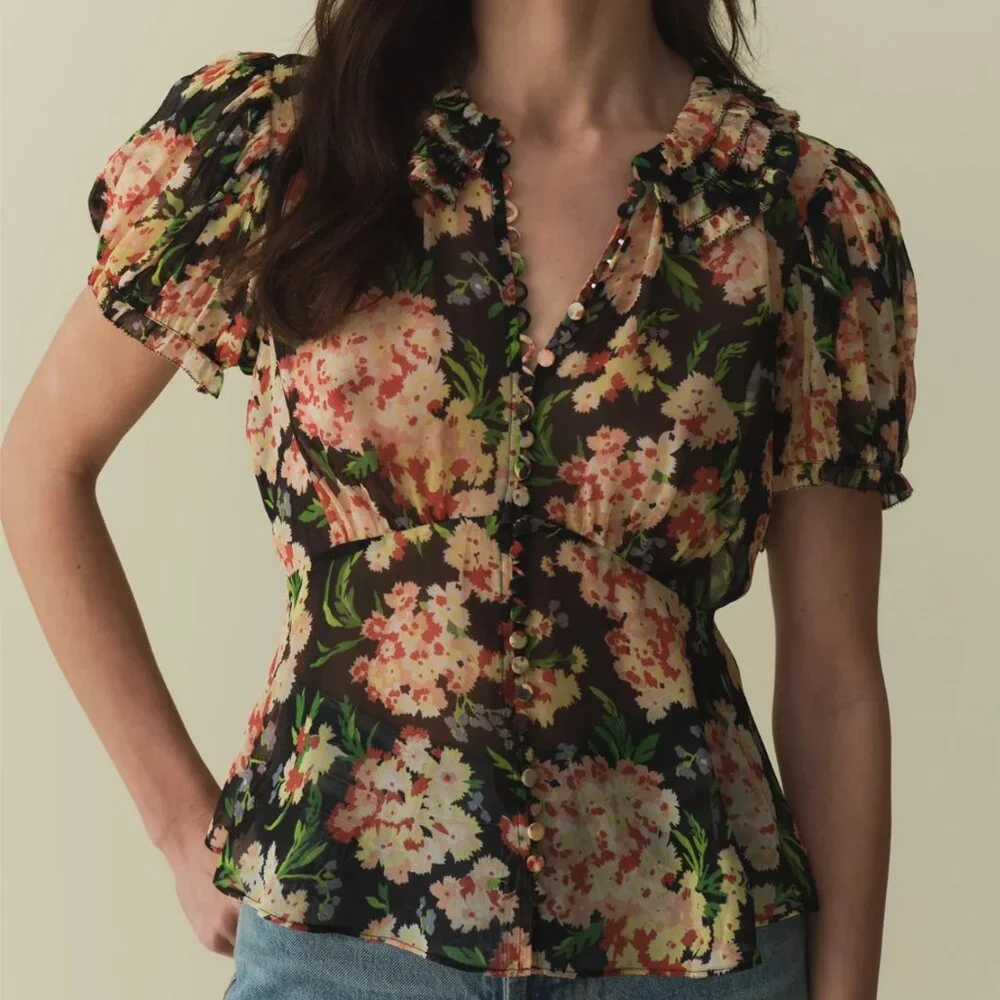 Doen Alona Black Floral Sheer Button-Front Blouse